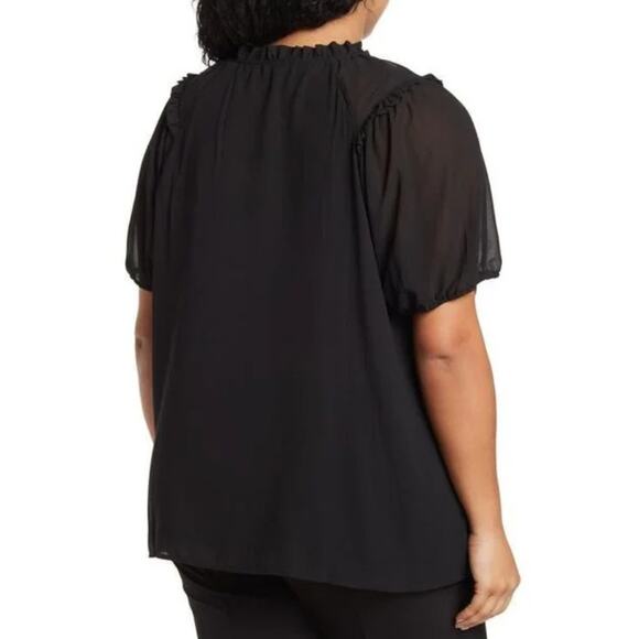 Pleione Black Chiffon Blouse Top Womens XL Ruffle Collar Tie Front Short Sleeve - Picture 2 of 12